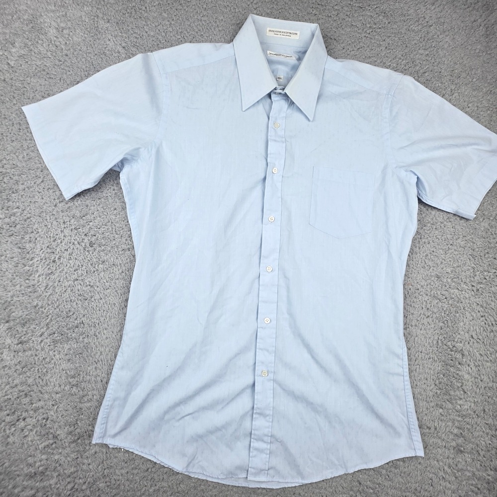 Yves Saint Laurent Button Down Shirt Mens 15.5 Blue Short Sleeve Dobby Diamond